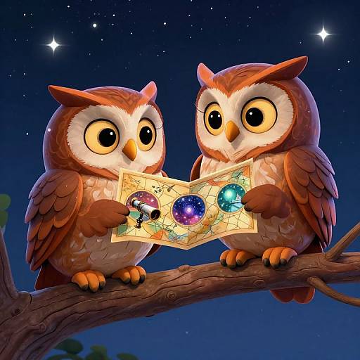 Two cute, large-eyed, brown and white cartoon owls on a tree branch at night, holding a star-filled, glowing map under a starry