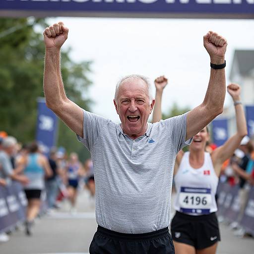 Photograph of an elderly white man with short gray hair, raising both fists in triumph, wearing a white polo shirt, black shorts, and a black