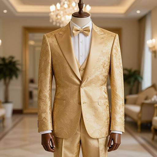 Photograph of a golden, ornate suit with intricate patterns, bow tie, and white shirt on a mannequin in a luxurious, warmly-l