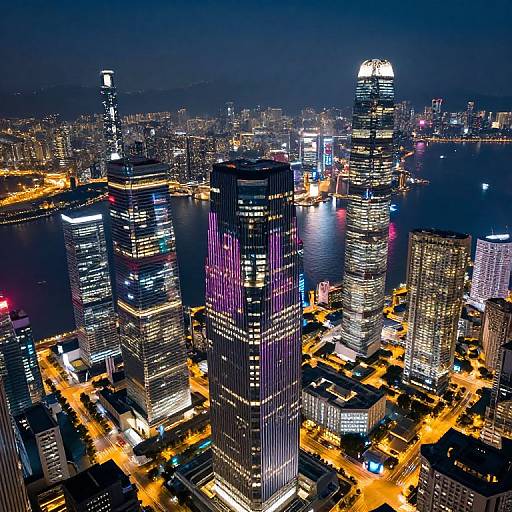 Aerial nighttime photograph of a brightly lit, modern city skyline with numerous illuminated skyscrapers, neon lights, and a dark blue waterfront background.