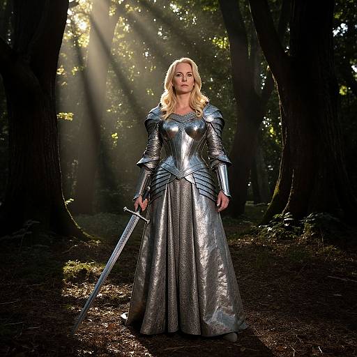 Blonde woman in silver armor and long skirt stands in a sunlit forest, holding a sword, sunlight streaming through trees. Photographic fantasy image.