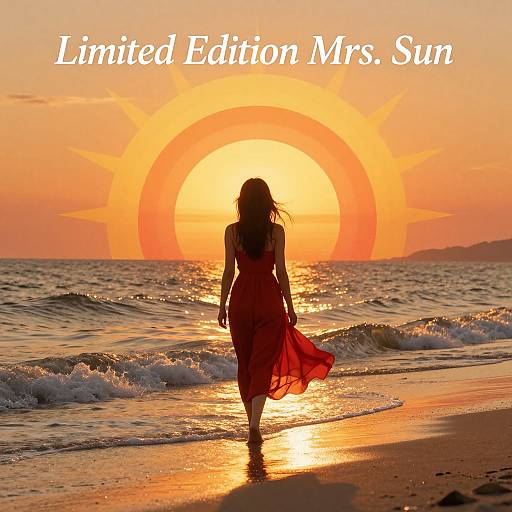 Silhouetted woman in red dress walks on beach at sunset, sun setting behind her, text 