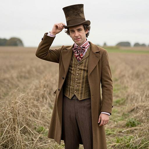 Photograph of a man in 19th-century Victorian attire, brown top hat, brown coat, and vest, standing in a dry grass field.