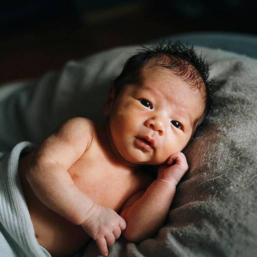 Photograph of a newborn baby with dark, spiky hair, lying on a gray blanket, partially covered by a white cloth, gazing thoughtfully