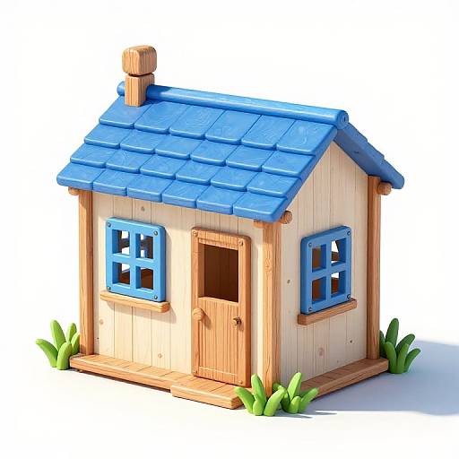 Photorealistic CGI of a wooden toy house with blue shingled roof, blue shutters, wooden door, and small green plants.