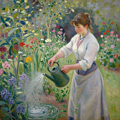 Impressionist painting of a brunette woman in white blouse and gray apron watering vibrant flowers by a small pond, holding green teapot.