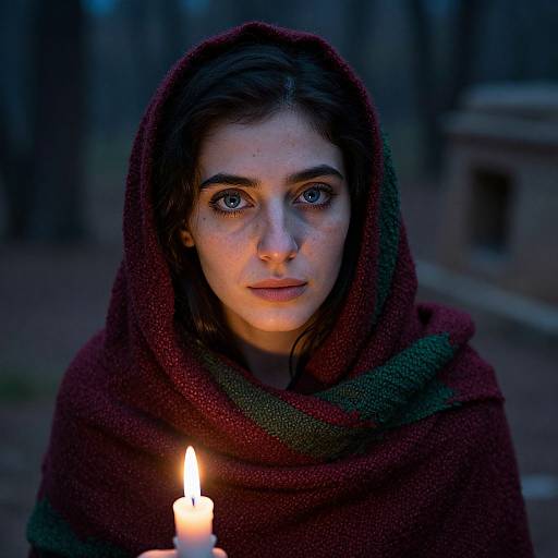 Photograph of a young woman with striking blue eyes, dark brown hair, and fair skin, wearing a maroon and green knitted hood, holding
