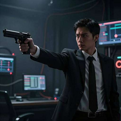 Man in Suit Pointing Gun in High-Tech Room