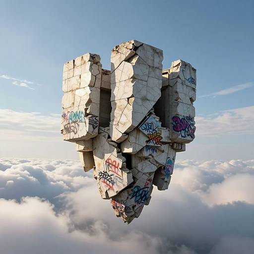Photorealistic CGI of a floating, white, cracked concrete structure with colorful graffiti, set against a clear blue sky and fluffy clouds.