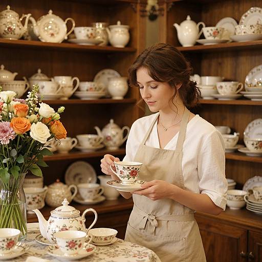 Young woman with brown hair in white blouse and beige apron, holding floral teacup, standing in wooden tea shop with shelves of vintage china and