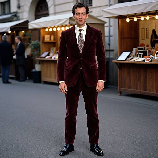 Photograph of a man with dark curly hair in a dark burgundy velvet suit, white shirt, and patterned tie, standing in front of outdoor