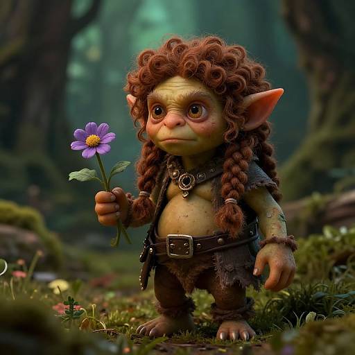CGI fantasy image of a small, curly-haired, yellow-skinned goblin with large ears, holding a purple flower in a mossy forest.