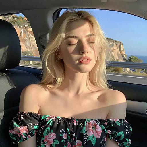 Blonde Woman in Floral Dress by Car