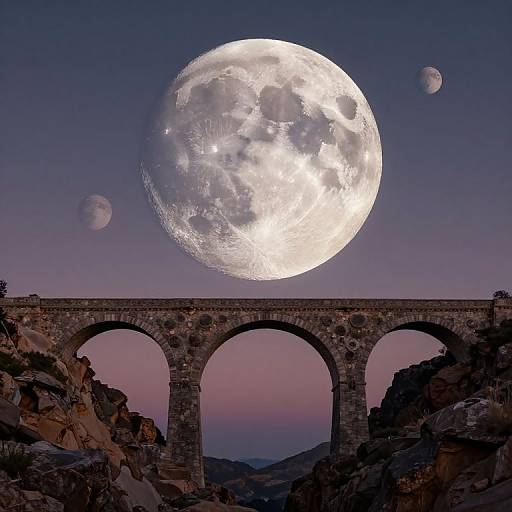 Photograph of a moonlit night sky with a large, detailed full moon and two smaller moons above a stone arch bridge, surrounded by rocky hills and