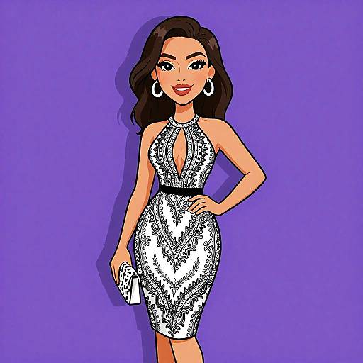 Digital illustration of a confident woman with wavy dark hair, wearing a white and black patterned halter dress, large hoop earrings, and red lipstick