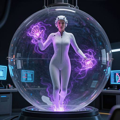 Digital artwork of a white-clad woman with glowing purple energy in a transparent spherical chamber, surrounded by futuristic control panels.