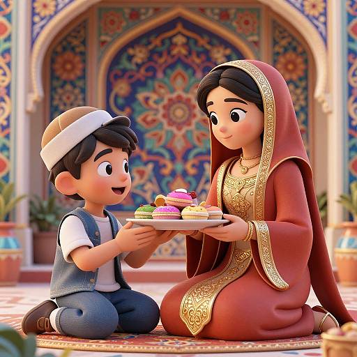 CGI image of a young boy in a white cap and vest offering a colorful cake to a smiling woman in a red and gold traditional dress, kneeling