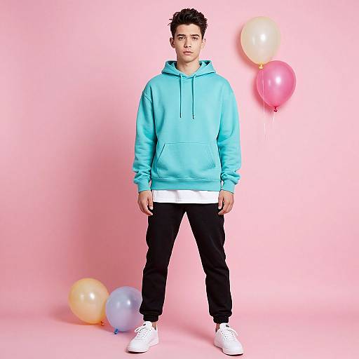 Photograph of a young man with short, curly dark hair, wearing a light blue hoodie, black pants, white sneakers, and a white shirt,