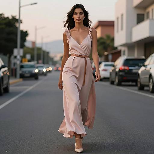 Confident Brunette in Blush-Pink Dress