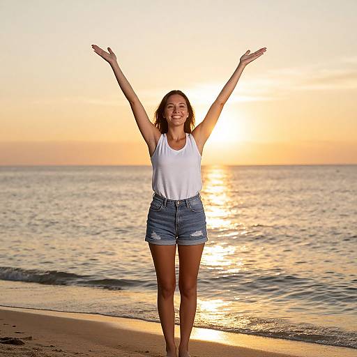 Photograph of a smiling young woman with long brown hair, wearing a white tank top and blue denim shorts, standing on a beach at sunset with arms