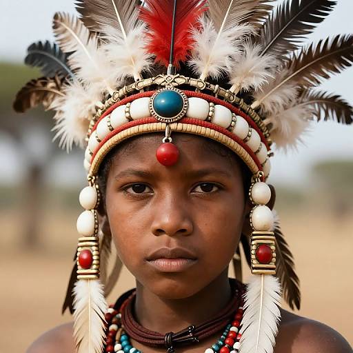 Photograph of a serious African woman with dark brown skin, wearing a detailed traditional headdress with red, white, and black feathers, adorned with beads