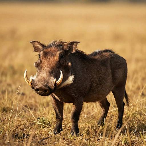 Photograph of a dark-furred warthog with prominent white tusks standing in a sunlit, golden grassy savanna field.