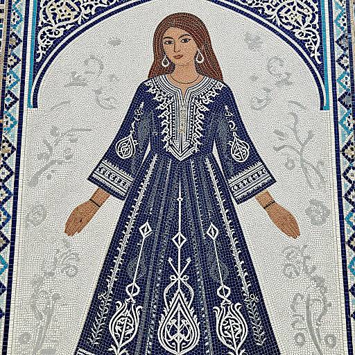 Digital mosaic of a woman with long brown hair, wearing an intricately patterned blue dress, standing against a decorative blue and white arch.