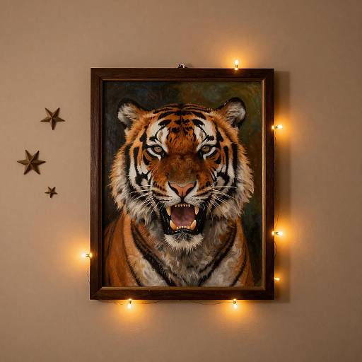 Framed Roaring Tiger with Fairy Lights