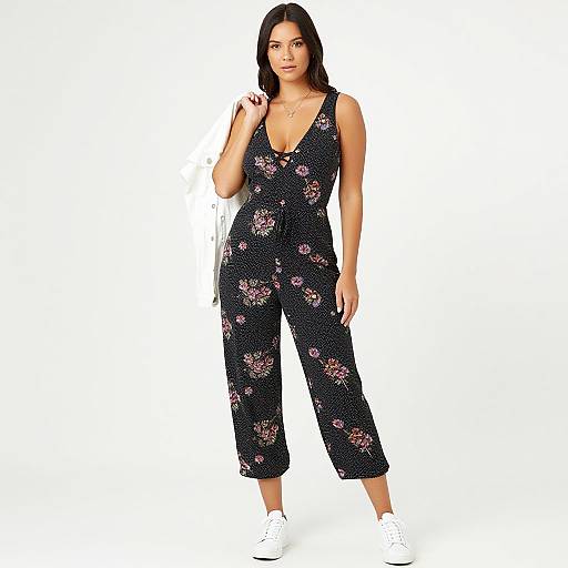 Boho Chic Woman in Floral Jumpsuit