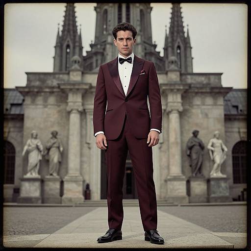Photograph of a handsome man in a dark brown tuxedo with black bow tie, standing in front of a Gothic cathedral with statues. Overcast