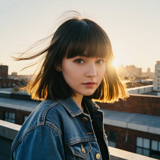 Young woman with bangs and denim jacket on urban rooftop