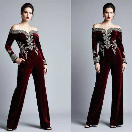 Elegant Woman in Deep Red Velvet Jumpsuit