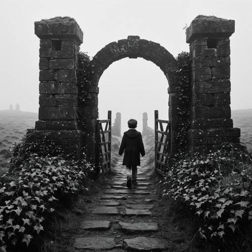 Boy Walking Through Ancient Stone Gate on Foggy Moorland