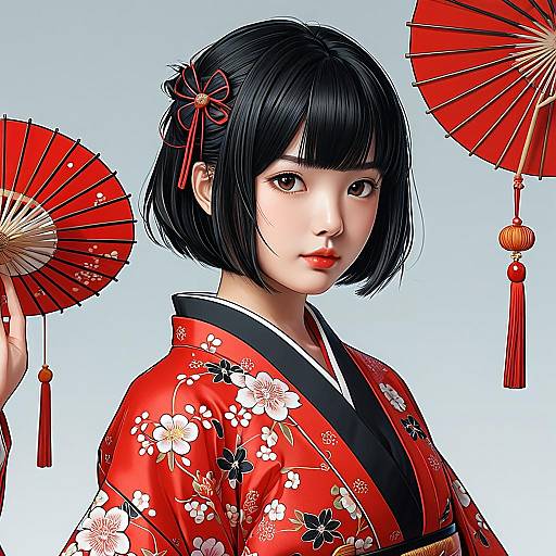 Kawaii Girl in Red Kimono