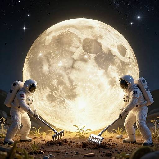 Digital artwork: Two astronauts in white space suits, using rakes, stand in front of a glowing, full moon in a starry night sky,
