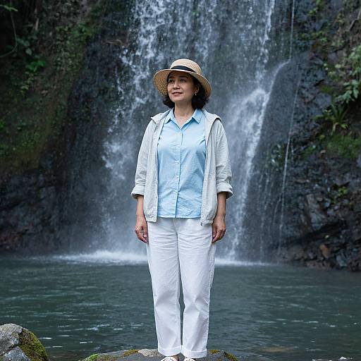 Photograph of an Asian woman with medium-length black hair, wearing a beige hat, white shirt, and pants, standing in a waterfall pool. Background