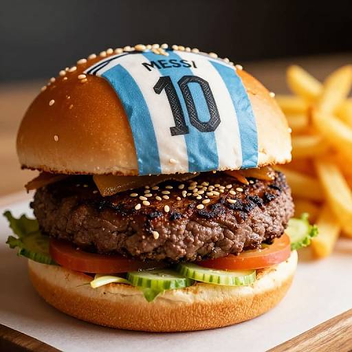 Photograph of a beef burger with sesame seed bun, blue and white Argentine flag topping, lettuce, tomato, and fries in background.