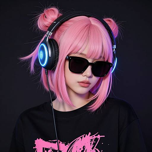 Photograph of a pink-haired anime girl with double buns, black sunglasses, and blue-lit headphones, wearing a black shirt with pink graffiti,