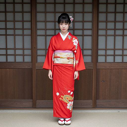 Photograph of a Japanese woman in a vibrant red kimono with floral embroidery, white hairpins, and white geta sandals, standing in front of
