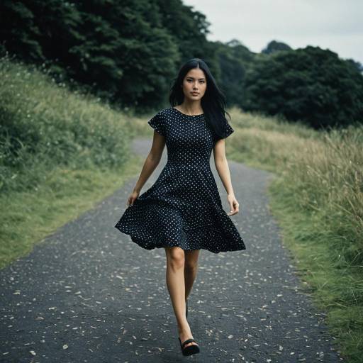 Woman in Black Polka Dot Dress Walking Outdoors