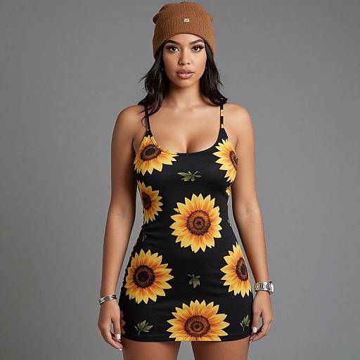 Woman in Sunflower Print Mini Dress