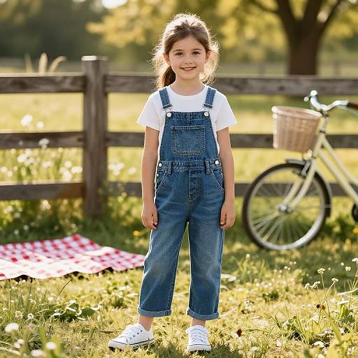 Photograph of a smiling young girl with brown hair in blue denim overalls, white shirt, and white sneakers, standing on grass with a white bicycle