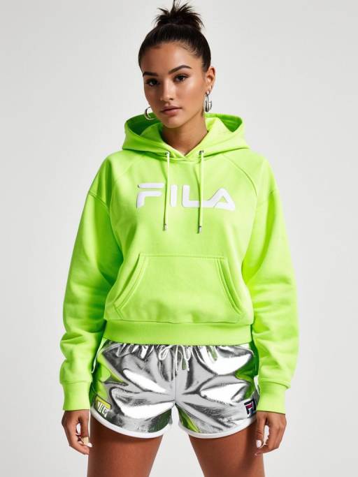 Woman in Neon Green Fila Hoodie and Metallic Shorts