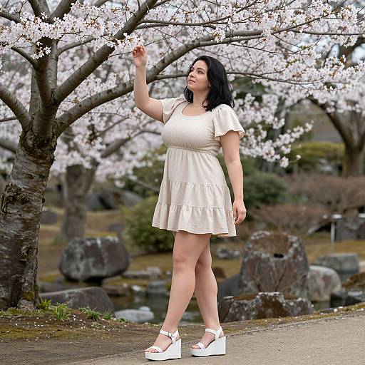 Photograph of a curvy woman with black hair, wearing a white floral dress and white wedge sandals, touching cherry blossom branches in a serene, rocky