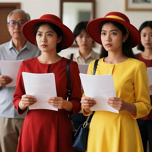 Two Women in Red and Yellow Dresses Holding Papers
