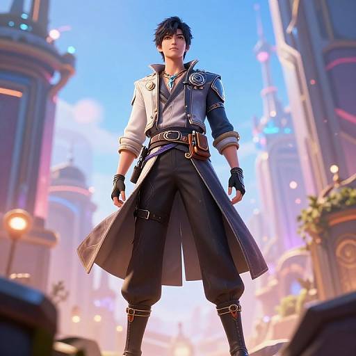 Digital CGI of a confident, young male character with black hair, blue and white coat, black pants, and gloves, standing in a vibrant, futuristic