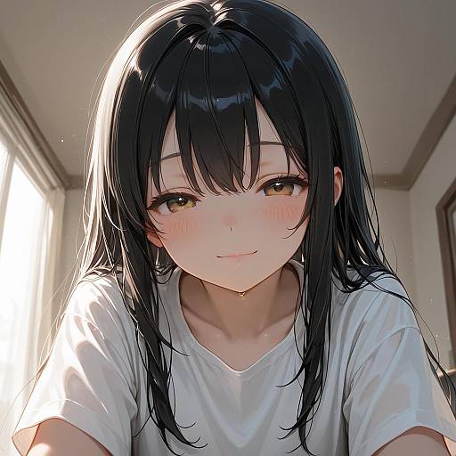 Anime Girl with Black Hair and White Shirt