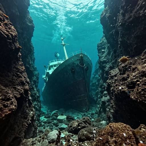 Photograph of a sunken, rusted shipwreck surrounded by rocky coral reefs, illuminated by blue underwater sunlight, creating a mysterious, abandoned ocean