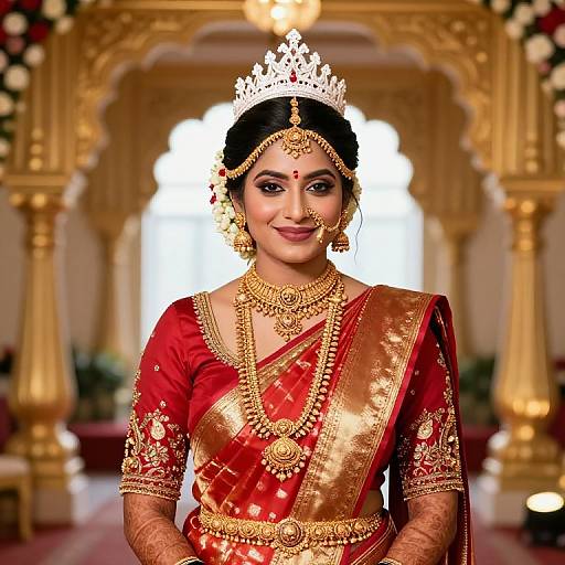 Photograph of a smiling Indian bride in a red and gold traditional saree with intricate embroidery, wearing a gold tiara, jewelry, and bangles