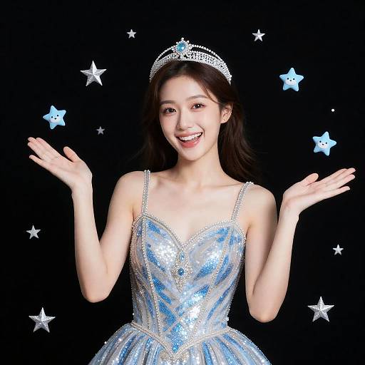 Joyful Woman in Sparkly Dress and Stars